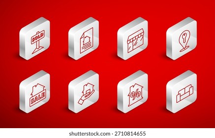 Sofá de la línea del sistema, contrato de la casa, tienda del mercado, llave de la Locación, con el descuento del percant, texto colgante de la muestra vendido, icono del agente inmobiliario y de la venta. Vector