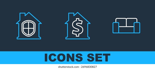 Fije el sofá de la línea, casa bajo protección y con el icono del símbolo del dólar. Vector