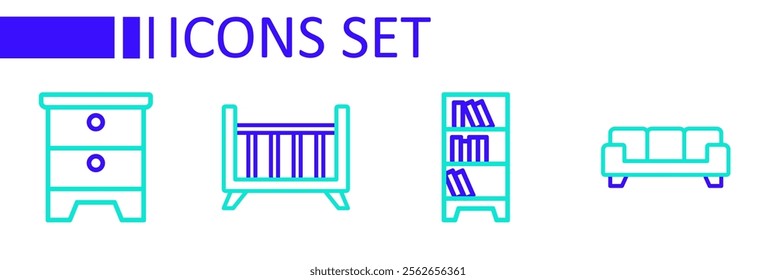 Set line Sofa, Lamp hanging, Baby crib cradle bed and Furniture nightstand icon. Vector