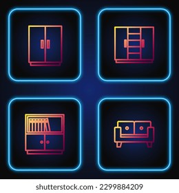 Establece la línea Sofa, biblioteca estantería, guardarropa y . Iconos de color de degradado. Vector