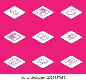 Set line Sofa, Library bookshelf, Mirror, Chest drawers, Chair, Furniture nightstand and Armchair icon. Vector