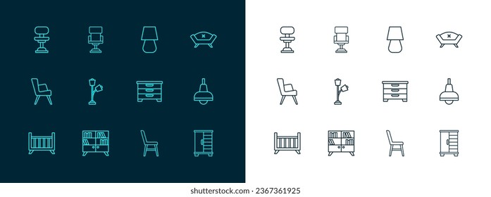 Sofa, Bibliothek, Bücherregal, Schubladen, Stuhl, Stehlampe, Tisch, Bürostuhl und Icon. Vektorgrafik