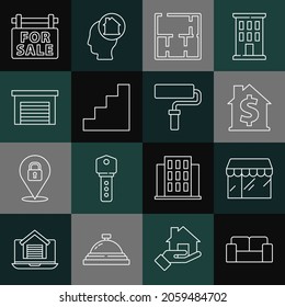 Set line Sofa, Market store, House with dollar symbol, plan, Staircase, Garage, Hanging sign For Sale and Paint roller brush icon. Vector