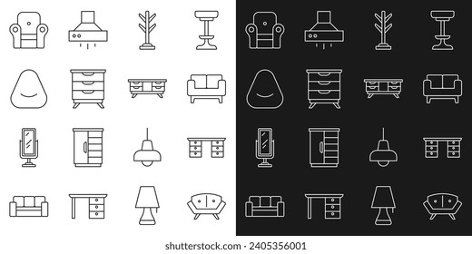 Set line Sofa, Office desk, Coat stand, Furniture nightstand, Pouf, Armchair and TV table icon. Vector