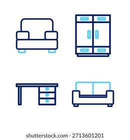 Set line Sofá, escritorio de oficina, armario e icono de sillón. Vector