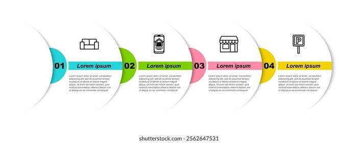 Set line Sofa, Online real estate house, Market store and Parking. Business infographic template. Vector