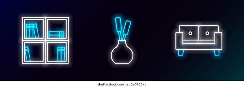 Set line Sofa, Shelf with books and Vase icon. Glowing neon. Vector