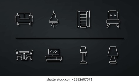 Set line Sofa, Table with chair, Armchair, Floor lamp, TV table stand, Lamp hanging,  and Wardrobe icon. Vector