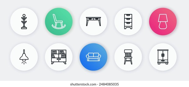 Set line Sofa, Table lamp, Lamp hanging, Chair, Chest drawers, Office desk, Wardrobe and Library bookshelf icon. Vector