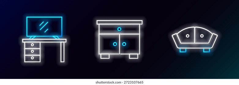 Set line Sofá, soporte de mesa de TV e icono de mesita de noche de muebles. Brillante neón. Vector