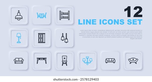 Set line Sofa, Wardrobe, Chandelier, Floor lamp, Office desk, Table with chair and Chair icon. Vector