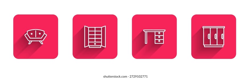 Set linha Sofá, guarda-roupa, escritório e com sombra longa. Botão quadrado vermelho. Vetor