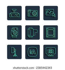 Ajuste la línea Softbox light, Auto flash, cámara fotográfica, retoque, cartucho de rollo de cámara e icono. Vector