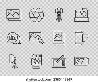 Set line Softbox light, Battery for camera, Photo, frame, retouching, Graphic tablet and Camera roll cartridge icon. Vector