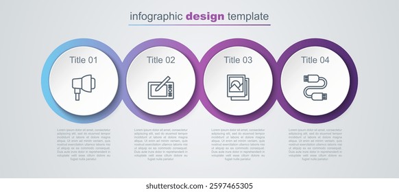 Set line Softbox light, Graphic tablet, Photo frame and USB cable cord. Business infographic template. Vector