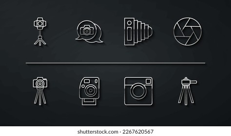 Set line Softbox light, Photo camera, Camera shutter, Tripod and  icon. Vector