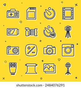 Set line Softbox light, Photo camera, Camera timer, Battery for,  and  icon. Vector