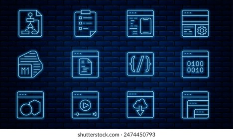 Set line Software, Binary code, Processor, Flowchart, Programming language syntax and Clipboard with checklist icon. Vector