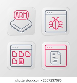 Set line Software, Browser files, System bug and Processor icon. Vector