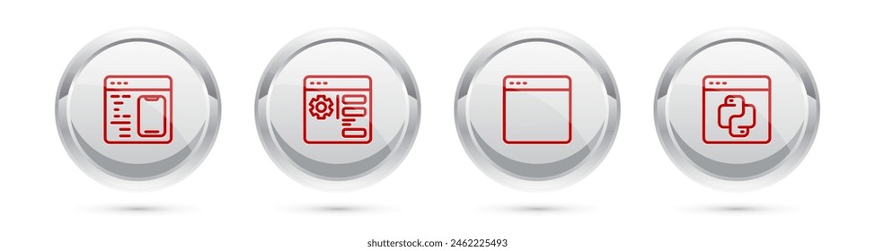 Set line Software, Browser-Einstellung, Fenster und Python Programmiersprache. Silver Circle Button. Vektorgrafik