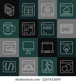 Set line Software, Cloud technology data transfer, Keyboard, Online play video, Cup tea with tea bag, Computer and Code terminal icon. Vector