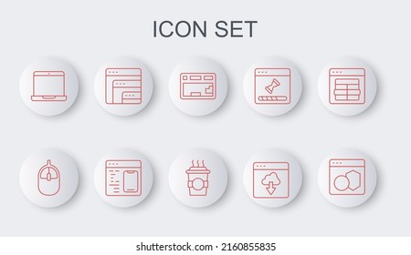 Set Line Software, Computer Mouse, Keyboard, Cloud Technology Data Transfer, Laptop,  And Coffee Cup Go Icon. Vector