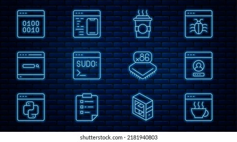 Set line Software, Create account screen, Coffee cup to go, Code terminal, Search engine, Binary code, Processor with microcircuits CPU and  icon. Vector