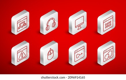 Set line Software, Headphones, Computer monitor screen, Binary code, Browser with shield, mouse and exclamation mark icon. Vector