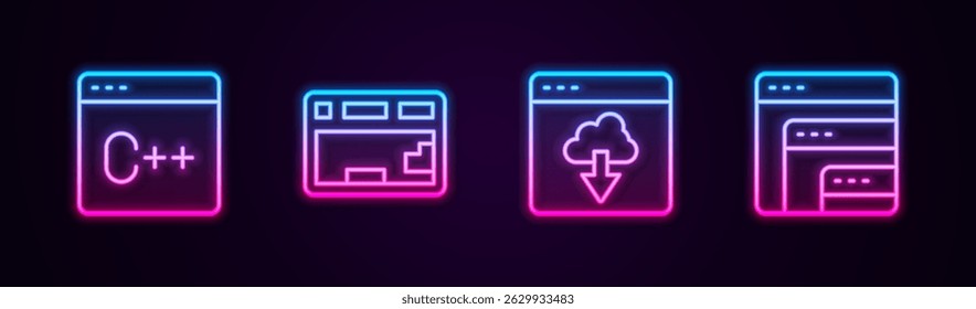 Set line Software, Keyboard, Cloud technology data transfer and . Glowing neon icon. Vector