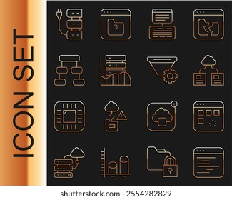 Set line Software, Loading data window, Cloud technology transfer, Server, Data, Web Hosting, Hierarchy organogram chart,  and Filter setting icon. Vector