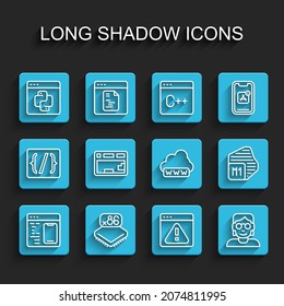 Set line Software, Processor with microcircuits CPU, Python programming language, Browser exclamation mark, Hacker coder, Keyboard,  and Web development icon. Vector