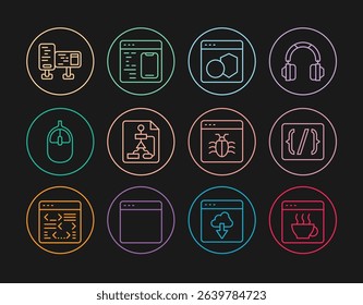 Set line Software, Programming language syntax, Flowchart, Computer mouse, monitor screen, System bug and  icon. Vector