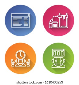 Set line Software, web developer programming code, 3D printer, Robot and digital time manager and Robot. Color circle button. Vector