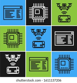 Set line Software, web developer programming code, Remote aerial drone and Processor with microcircuits CPU icon. Vector