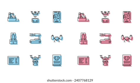 Set line Software, web developer programming code, Drone delivery concept, Factory conveyor system belt, User manual, Robot, flying with action camera, doctor and Remote aerial drone icon. Vector