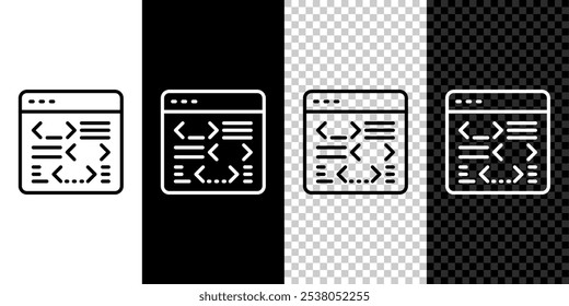 Set line Software, web developer programming code icon isolated on black and white, transparent background. Javascript computer script random parts of program code.  Vector