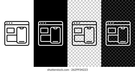 Set line Software, web developer programming code icon isolated on black and white, transparent background. Javascript computer script random parts of program code.  Vector