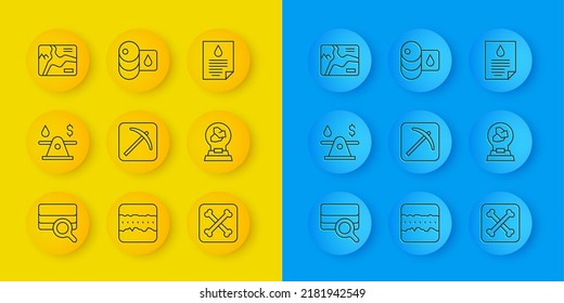 Fijar línea Análisis del suelo, Dinero del petróleo, Pickaxe, Arqueología, Exposición con minerales, rocas, Mapa topográfico, documento de gota e icono del barril. Vector