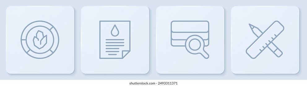 Set line Soil analysis, Oil drop document and Crossed ruler and pencil. White square button. Vector