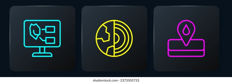Fijar la línea Análisis del suelo, Oilfield y la corteza de la estructura central de la Tierra. Botón cuadrado negro. Vector