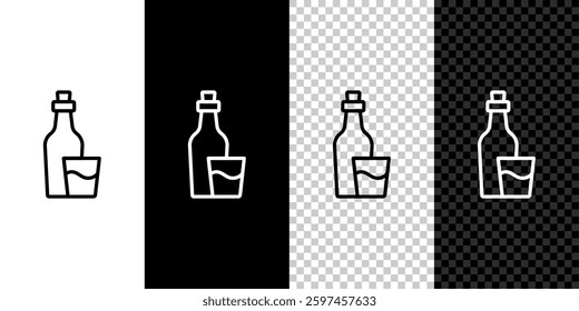 Set line Soju bottle icon isolated on black and white, transparent background. Korean rice vodka.  Vector