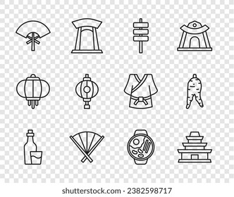 Set line Soju bottle, Korean temple, food tokpokki, Traditional fan, lantern, Ramen and Ginseng root icon. Vector