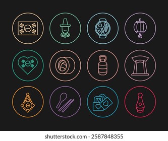 Set line Soju bottle, Korean gate, Ramen, Sushi, Love with heart, South flag, lantern and hat icon. Vector