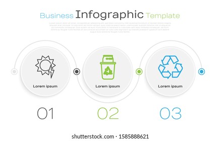 Set line Solar energy panel, Recycle bin with recycle symbol and can and Recycle symbol. Business infographic template. Vector