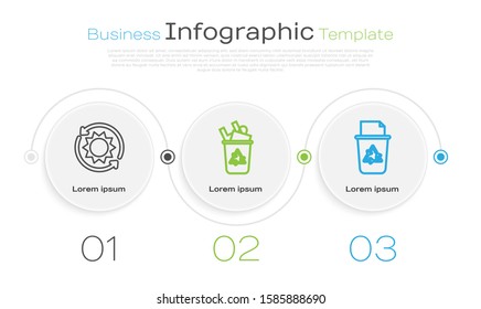 Set line Solar energy panel, Recycle bin with recycle symbol and Recycle bin with recycle symbol. Business infographic template. Vector