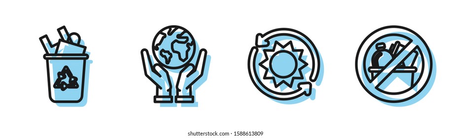 Set line Solar energy panel, Recycle bin with recycle symbol, Human hands holding Earth globe and No trash icon. Vector
