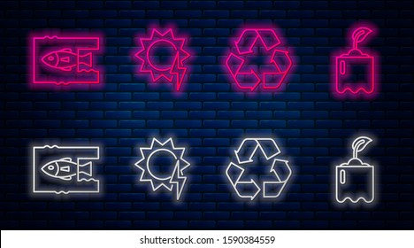 Set line Solar energy panel, Recycle symbol, Stop ocean plastic pollution and Sprout in bottle. Glowing neon icon on brick wall. Vector