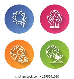 Set line Solar energy panel, Human hands holding Earth globe, Planet earth and a recycling and Earth globe and plant. Color circle button. Vector