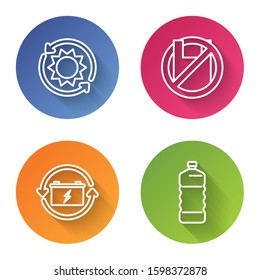 Set line Solar energy panel, Say no to plastic bags poster, Battery with recycle symbol and Plastic bottle. Color circle button. Vector