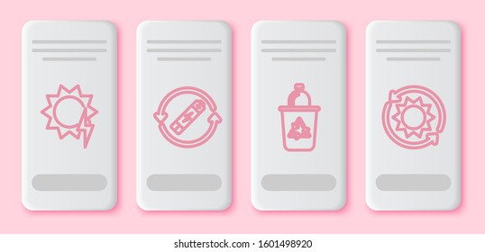 Set line Solar energy panel, Battery with recycle symbol line, Recycle bin with recycle symbol and Solar energy panel. White rectangle button. Vector